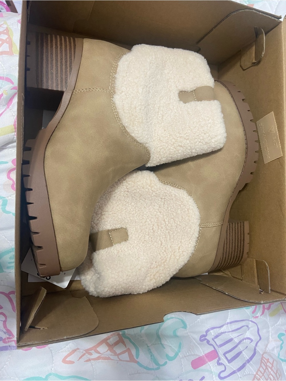 Kids Tan Faux-Shearling Ankle Boots with Lug Sole